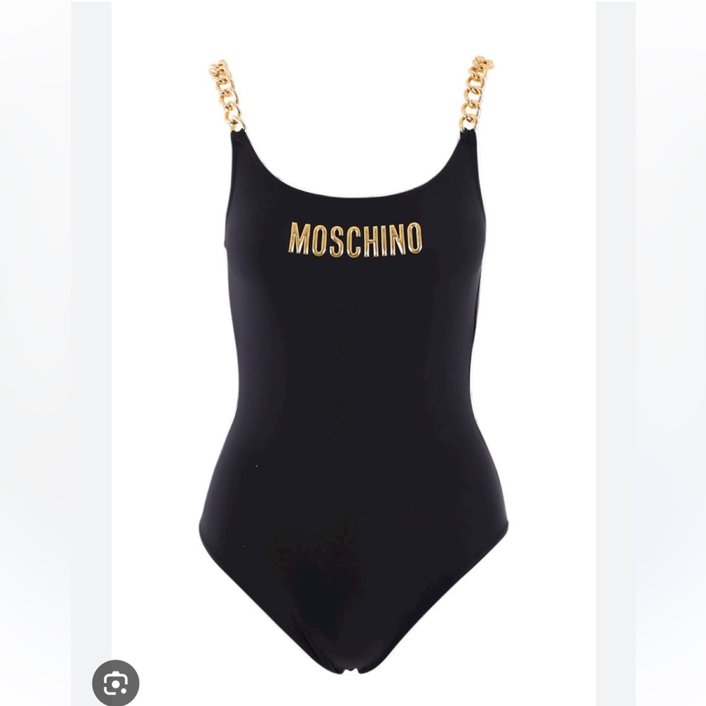 MOSCHINO Black one-piece swimming costume with gold chains and logo